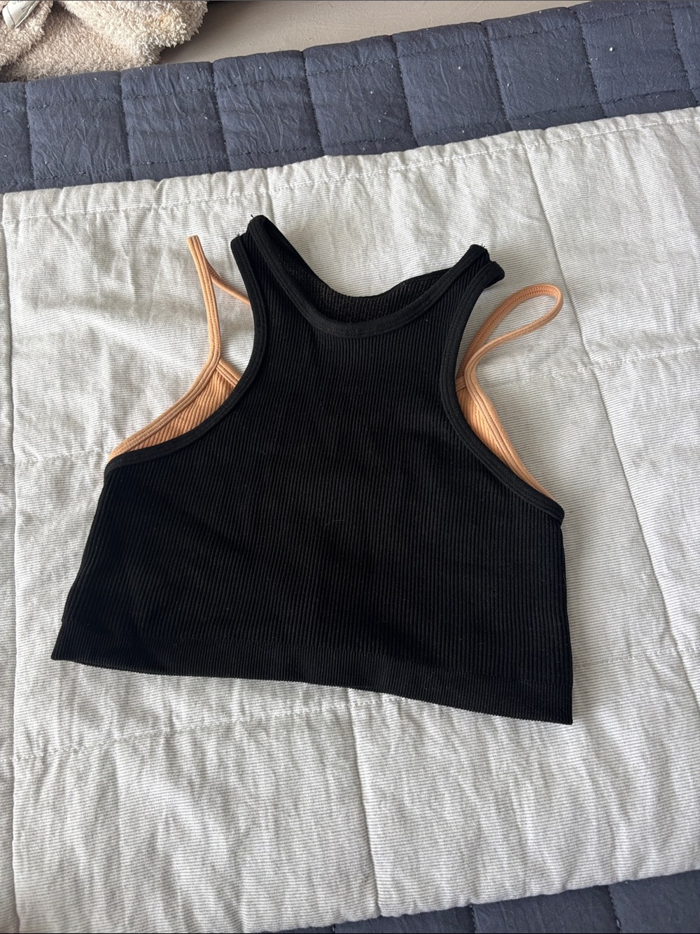 FP Movement by Free People Black Ribbed Cropped Tank with Peach Strappy Layering